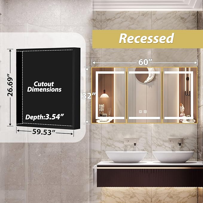ROOMTEC Lighted Medicine Cabinet with Mirror, Bathroom Mirror Cabinet with Lights and Storage, 3 Doors Bathroom Wall Cabinet with LED Lights,Gold, 60"x32"