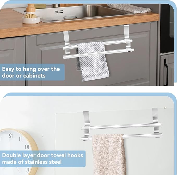 Kitchen Retractable Towel Holder, Stainless Steel Adjustable Double Over Cabinet Door Drying Kitchen Towels Hanger Bar Rack for Homes, Apartments, Condos Bathroom or Kitchen