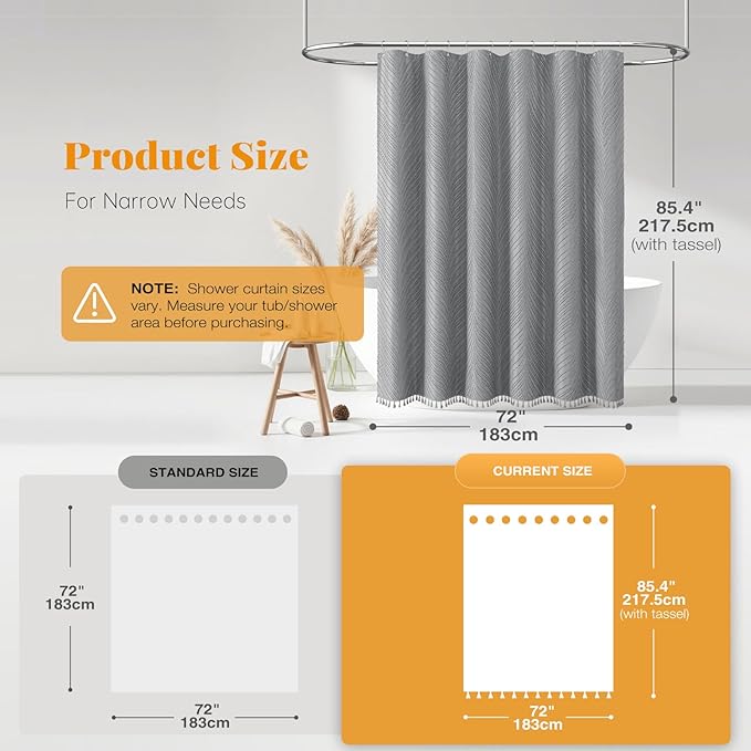 BTTN Extra Long Shower Curtain - 72x84 Boho Tufted Leaves Textured Striped Tassel Shower Curtain Set with 12 Plastic Hooks, Water Repellent, Farmhouse Vintage Shower Curtains for Bathroom, Grey/Gray