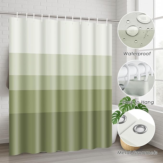 Striped Green Shower Curtain Set with Toilet Lid Cover and Non-Slip Rugs for Bathroom, Minimalist Neutral Ombre 4 Pcs Shower Curtain, Modern Bathroom Set with 12 Hooks