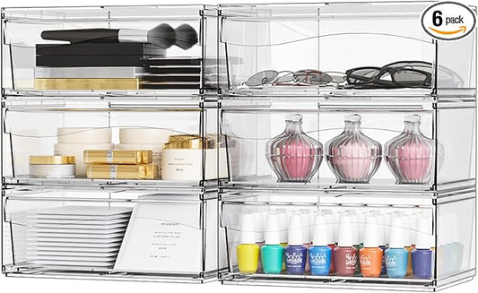 6 Pack Clear Stackable Storage Drawers,12"W Large Bathroom Makeup Organizer and Pen,Sunglass,Medicine,Baby Bottle Organizer,Plastic Pull Out Storage Bins for Desk,Under Cabinets,Vanity Countertop