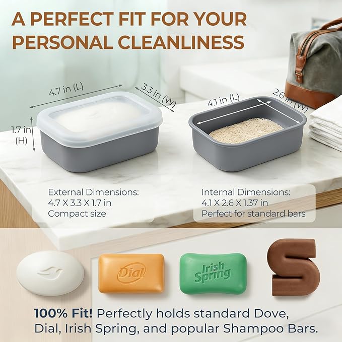 AIMAIAIMAI Compact Leakproof Travel Soap Case, Silicone Travel Soap Container, Portable Soap Box with Drainage Layer, Shatterproof Soap Holder for Bathroom, Gym (Gray)