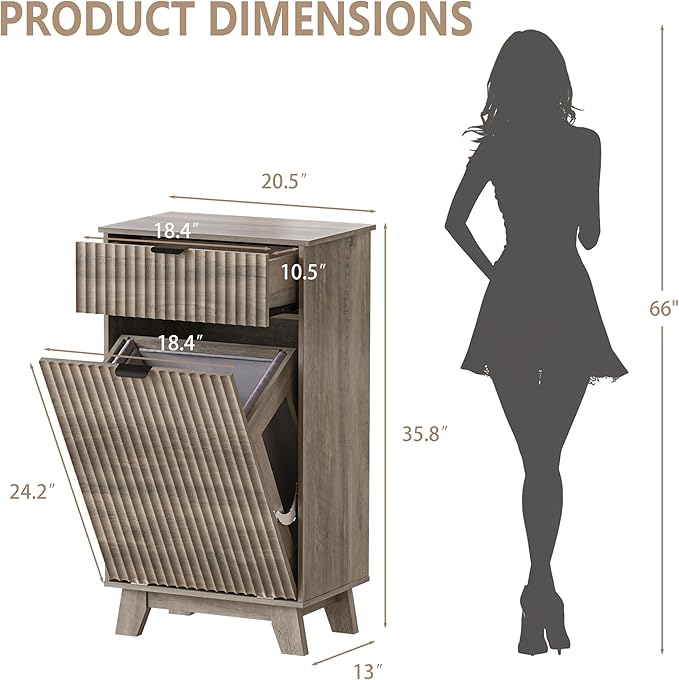 Wodeer Tilt Out Laundry Hamper Cabinet with Storage and Drawer, 10 Gallon Fluted Hidden Trash Can Cabinet, Farmhouse Wood Laundry Basket Cabinets for Bathroom, Kitchen, Grey