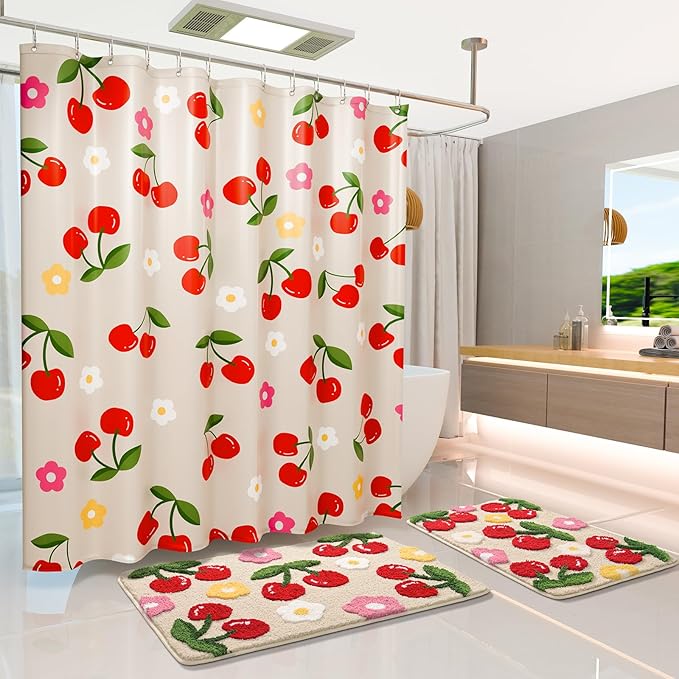 Anybar Fabric Shower Curtain Cute Floral Cherry Curtains Waterproof Soft Polyester Bathroom Curtain- Decorative Washable Privacy Cloth Shower Curtain for Bathroom Hotel (72x72inch) Beige