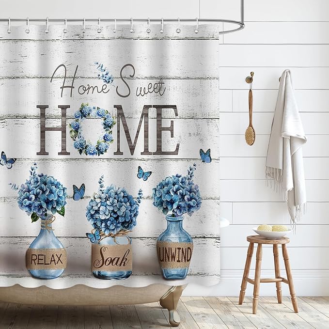 Farmhouse Shower Curtain, Navy Blue Hydrangea Flower Rustic Bathroom Decor with Waterproof Fabric, Country Style Home Sweet Home Shower Curtains for Vintage Bathroom, 72x72 Inch