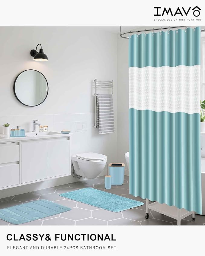 IMAVO Bathroom Accessories Set, Non-Slip Absorbent Blue Bathroom Rugs and Waterproof Shower Curtain with Hooks,Complete Bathroom Set for Bathroom Décor