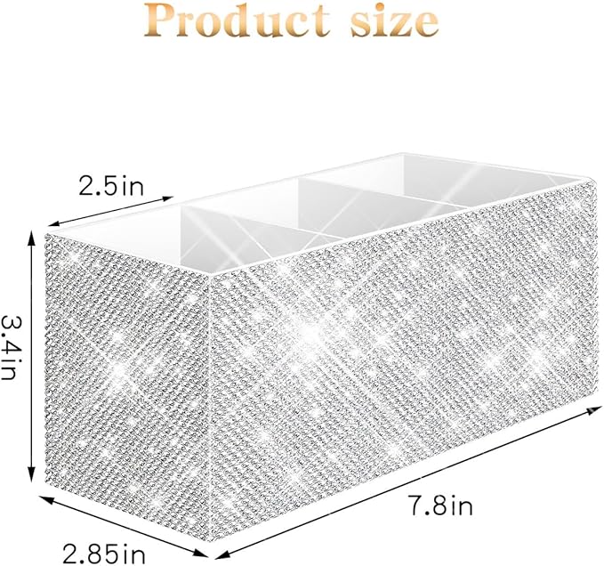 Bling Makeup Brush Holder Organizer, 3 Slot Sparkle Cosmetics Brushes Storage Holders with Shiny Rhinestones, Glitter Cute Pen and Pencil Holder for Desk, Eyeliners Display Case for Vanity???White???
