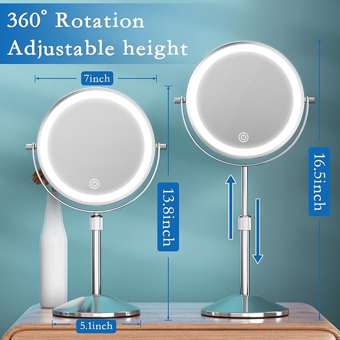 Vanity Mirror with Lights 7" Rechargeable 1x/10x Lighted Makeup Mirror Adjustable Height Double Sided Mirror with Lights 360°Rotating Makeup Mirror