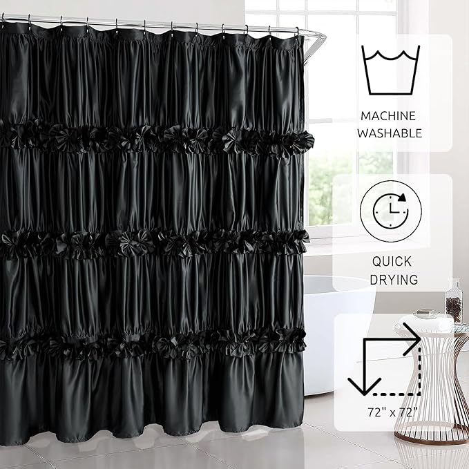 Black Ruffle Shower Curtain, Vintage Handcrafted Bow Tie Bath Curtain for Master Bathroom, Ruched Satin Bathroom Curtain with 12 Buttonholes, 72" W x 72" H (LQ-10)