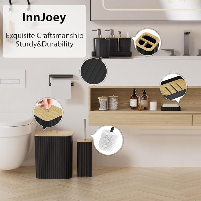 Bathroom Accessories Set - 10PC Bathroom Set, Black Bathroom Set, Bathroom Accessories Set, Toilet Brush, Bathroom Trash Can & Soap Dispenser