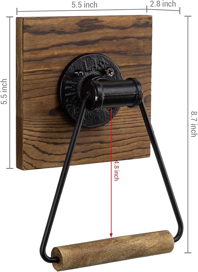 MyGift Bathroom Hand Towel Holder, Towel Rack Ring 5.5x8.7 inch for Kitchen, Laundry Room, Matte Black Industrial Metal with Rustic Solid Burnt Wood