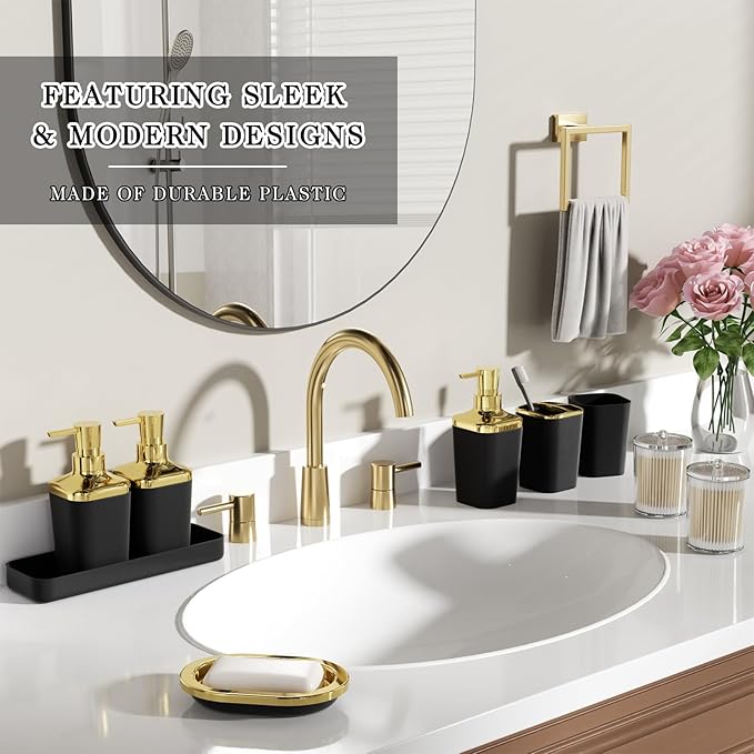 Bathroom Set - 27PC Bathroom Sets with Shower Curtain and Rugs, Black Bathroom Set, Black Bathroom Accessories Set with Push-lid Trash Can, Toilet Brush & Soap Dispensers