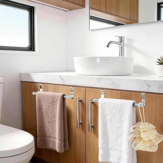 Over Cabinet Towel Holder, Stainless Steel Over The Cabinet Towel Rack Bars for Kitchen Cabinet Doors, Dish Towel Holder with Hooks, 2 Pack (Brushed Nickel)
