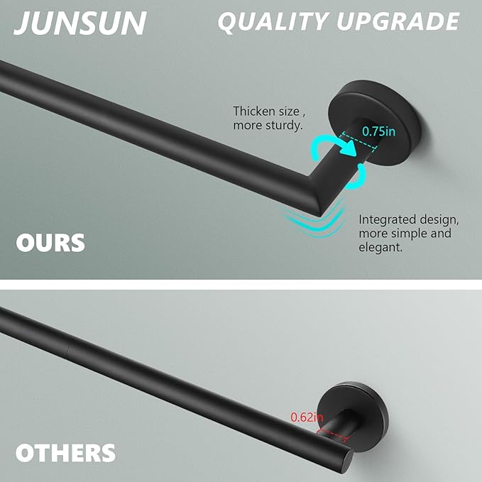 JunSun Bathroom Towel Bar 12 Inch Matte Black Towel Racks Wall Mounted Bath Hand Towel Holder Modern Home Decor Towel Rods Bathroom Hardware Stainless Steel Towel Hangers Towel Rail Single Towel Bars