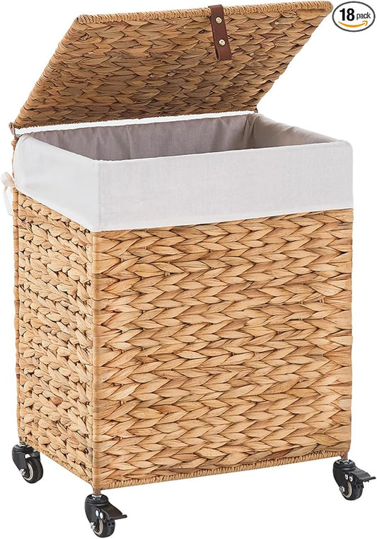 Handwoven Laundry Hamper with Wheels, Natural Water Hyacinth Rolling Laundry Basket with Lid and Removable Liner, Durable and Stylish for Bedroom, Bathroom, Laundry Room (Natural, 65L)