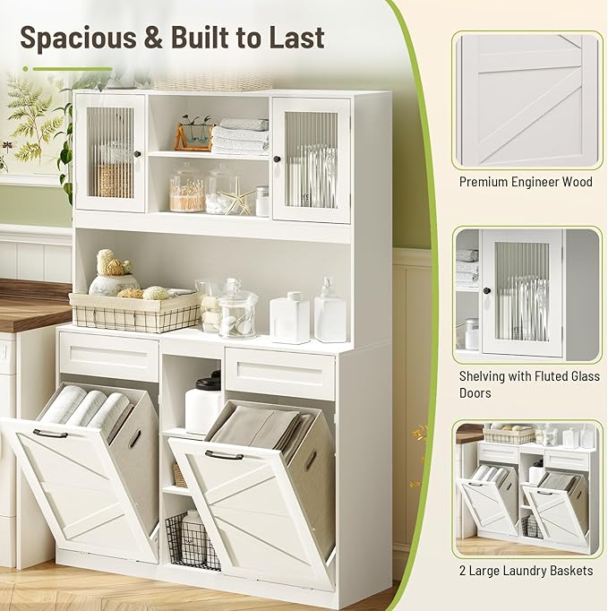 Tall Tilt-Out Double Laundry Hamper Cabinet with 2x11-Gallon Hidden Laundry Basket, Tilt Out Trash Bin Cabinet with Fluted Glass Doors, Farmhouse Wooden Bathroom Storage with Push Doors, White