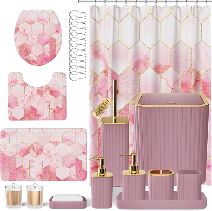 XLHOMO Bathroom Set - 26PC Bathroom Set with Shower Curtain and Rugs, Bathroom Accessory Set, Pink Bathroom Accessories Set, Trash Can & Soap Dispenser