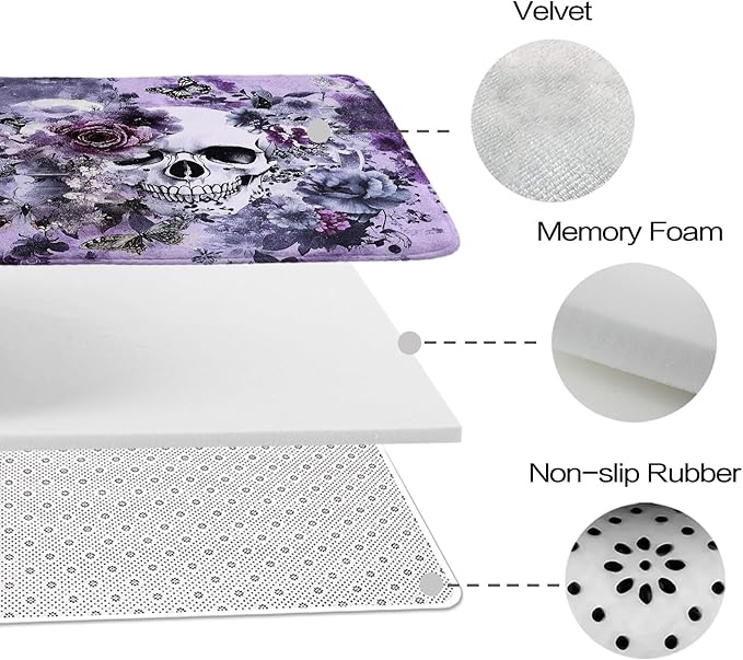 Funny Gothic Halloween Unique Bathroom Sets with Floral Skull Shower Curtain and 20 x 31 Rugs Bathroom Accessories Sets Decor with Bath Rug, Bath Mat, U-Shaped Contour and Hooks 72 x 72 Inch Purple