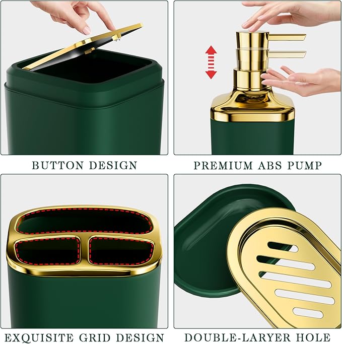 XLHOMO Bathroom Accessories Set - Luxury Green Bathroom Set, 9 Pieces Bathroom Accessory Set, Dark Green Bathroom Accessories with Trash Can, Toilet Brush & Soap Dispenser
