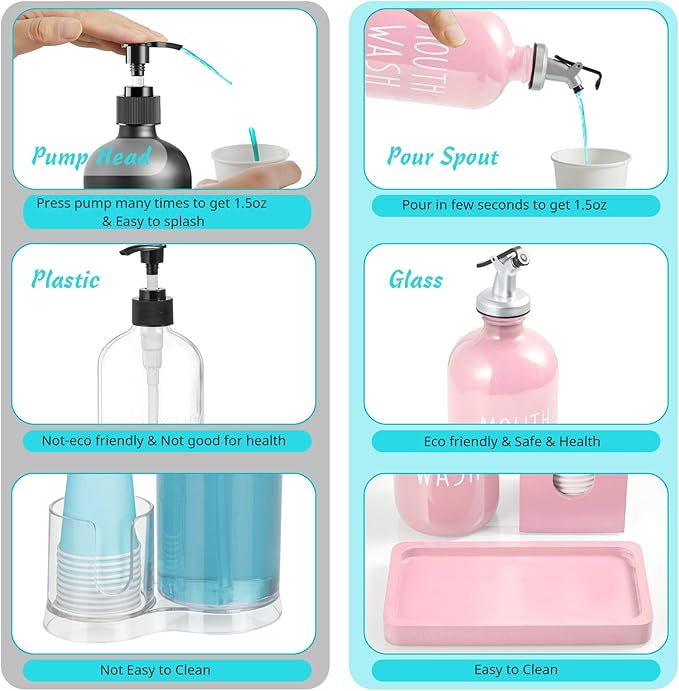 Glass Mouthwash Dispenser for Bathroom, 16 OZ Mouthwash Dispenser with Pour Spout and Wood Cup Holder and Tray, Mouth Wash Bottle Container, Farmhouse Kitchen Bathroom Decor and Accessories, Pink