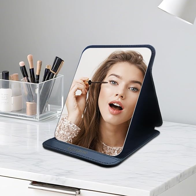 gogofree Foldable Desktop Mirror, 8" × 6" Adjustable Angle Makeup Mirror with Stand, Black Small Mirror for Travel Camping and Home (Black)