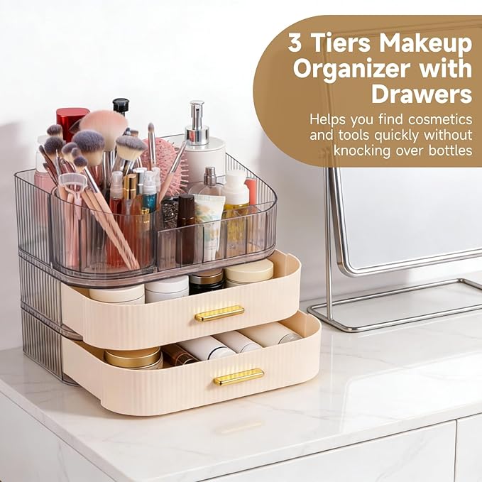 3 Tiers Makeup Organizer with Drawers, Makeup Holder 360° Rotating Brush Holder, Large Capacity Cosmetic Storage with Clear Top Slots, Vanity Organizer for Skincare Perfume Lipstick Jewelry