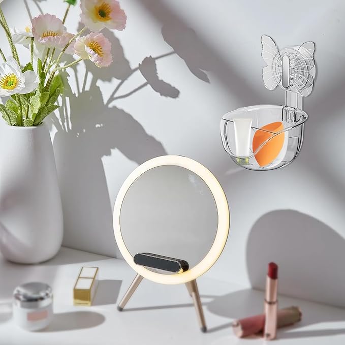 Self Adhesive Shower Shelves, Makeup Sponge Holder, Clear Shower Shelves Bottom Equipped with Drainage Holes and Powerful Butterfly Pressure Suction Cups, Adhesive Bathroom Shelves (Translucent gray)