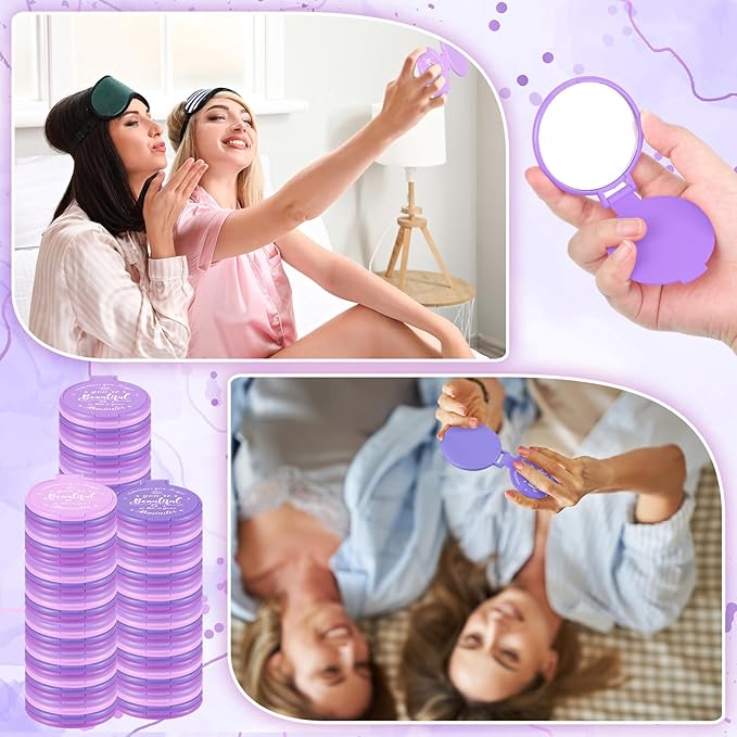 100 Pcs 2.76 Inch Inspirational Compact Mirror Bulk Women Small Gifts Graduation Party Favors Purse Mirror Pocket Mini Stuffer Items for Adult Coworker Cheerleader Employee (Purple Series)