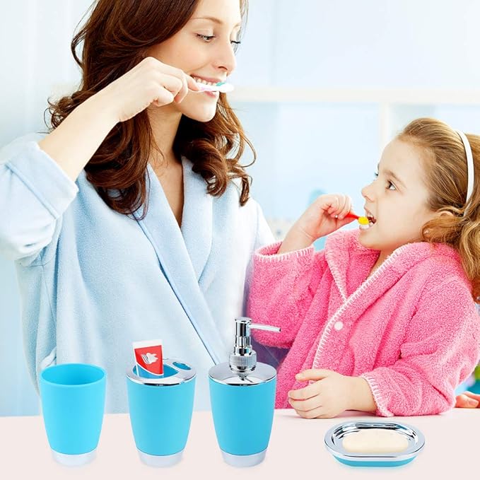 Ejoyous Bathroom Accessories Set 6 Piece Bath Accessory Bathroom Supplies Set with Bin Holder Dish Dispenser Tumbler Toothbrush Holder, Blue