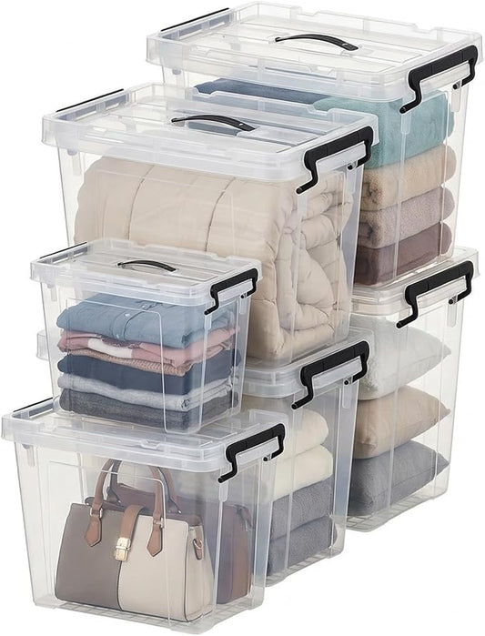 6 Pack (4 Pack-60 Qt, 1 Pack-28 Qt, 1 Pack-20 Qt) Clear Storage Bins with Lids, Stackable Plastic Organizer for Home, Office, Garage, BPA-Free, Heavy-Duty with Secure Latches & Handles