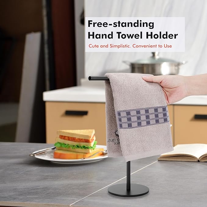 Exilon Black Hand Towel Holder Stand for Bathroom Vanity Countertop Stainless Steel T-Shape Freestanding Towel Rack Stand Towel Bar for Bathroom Kitchen (Black Matte)