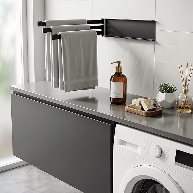 Swing Towel Holder Rack Matte Black, Wall Mounted Towel Bar Swivel with 3-Arm for Bathroom Kitchen Storage