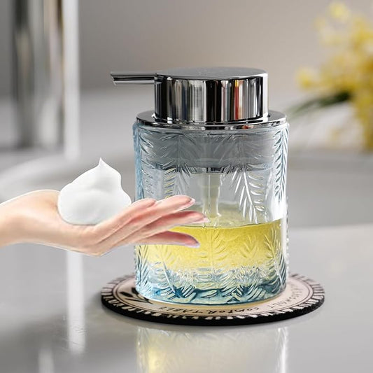 CICUFY Glass Foam Soap Dispenser for Kitchen & Bathroom - Refillable Liquid Soap Dispenser with Large Silver Pump (Leaf Pattern-Blue)
