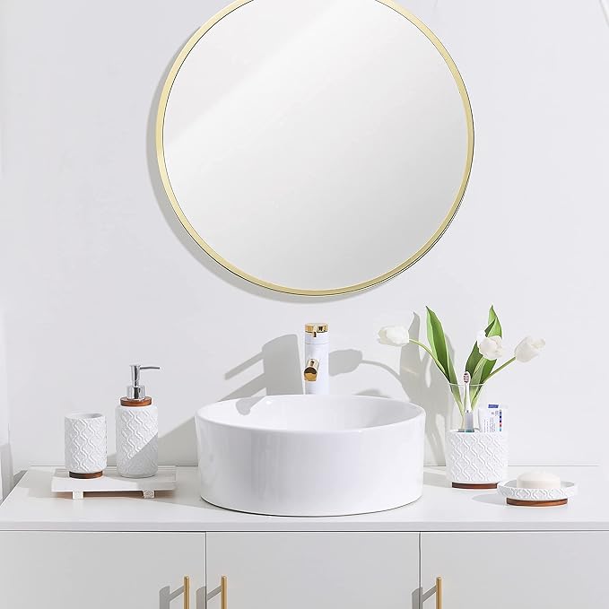 RQYIXI 4 Piece Bathroom Accessories Set, White Ceramic Bath Accessory Set with Wood Accents, Soap Dispenser, Toothbrush Holder, Tumbler and Soap Dish, Elegant Bathroom Countertop Decor
