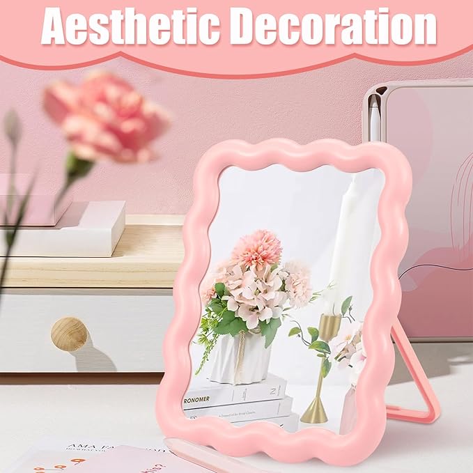 Desk Mirror, Wave-Shaped Adjustable Desk Vanity Makeup Mirror Office Cubicle with Eyebrows Tweezer, 6.7*5.3In Cute Travel Portable Folding Make Up Mirrors for Standing Hanging Home Decoration(Pink)