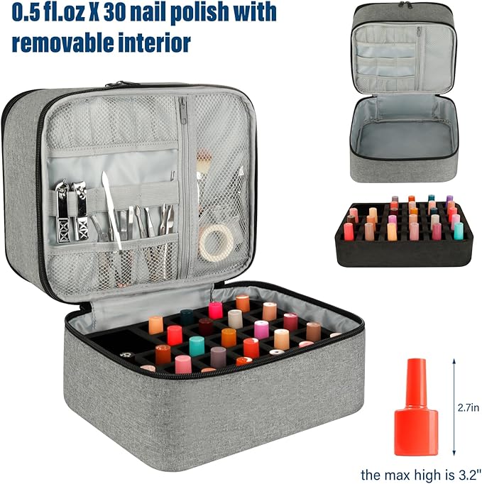 Nail Polish Organizer Bag, Double-Layer Nail Supplies Organizer Holds 30 Bottles & Nail Lamp, Professional Nail Kit Storage Carrying Case (Gray)