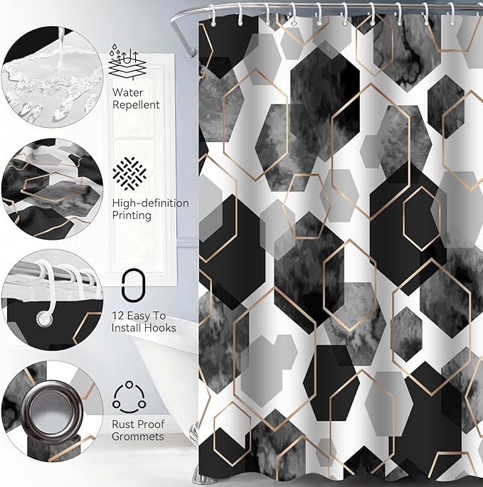 Muuyi 4Pcs Black White Geometric Shower Curtain Set, Neutral Modern Art Deco Shower Curtain with Hooks, Elegant Trendy Simple Bathroom Sets with Shower Curtain and Rugs, 71 * 71in