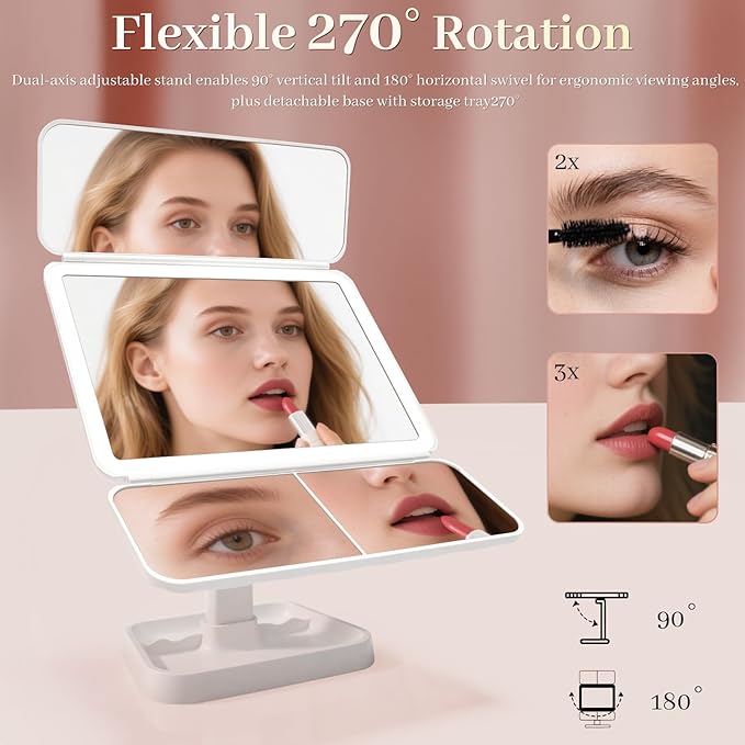 LED Tri-Fold Vanity Mirror with Lights, Touch Screen and 3X/2X/1X Magnification with 3 Color & Adjustable Brightness, Portable Rechargeable Makeup Mirror Pro with Lights Dollar for Desk Dorm Travel