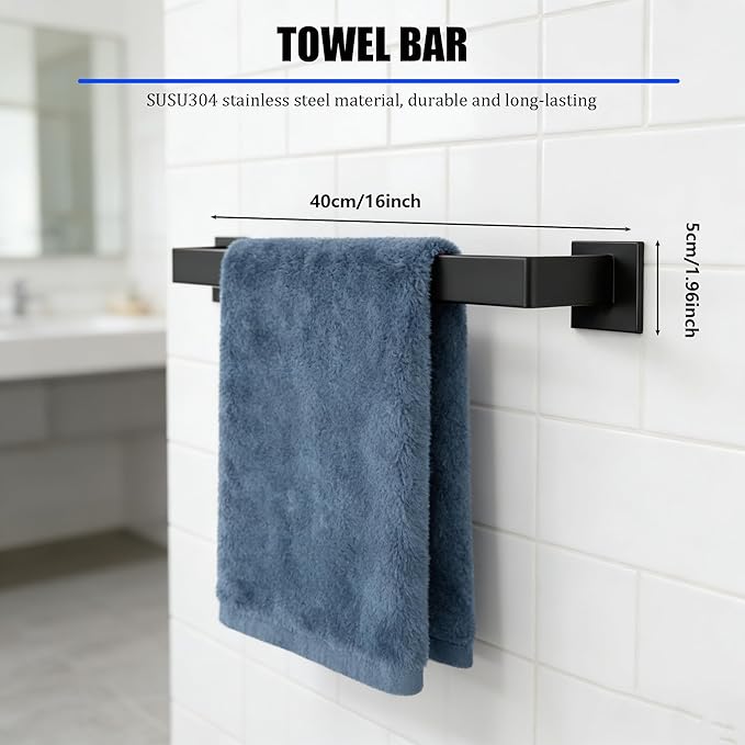 5-Pieces Matte Black Bathroom Hardware Accessories Set,SUS304 Stainless Steel Wall Mounted 16 Inch Hand Towel Bar,Towel Racks for Bathroom, Bath Towel Bar Set Wall Mounted