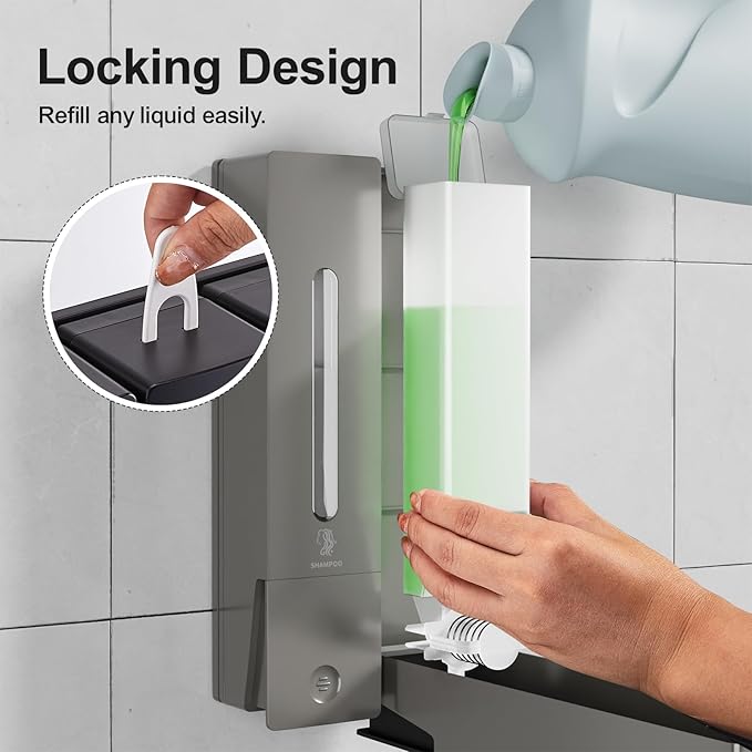 Shampoo and Conditioner Dispenser 2-Chamber Wall-Mounted Shower Soap Dispenser, No-Drill Installation, 800ML Capacity, Ideal for Bathrooms and Hotels (Gun Grey)