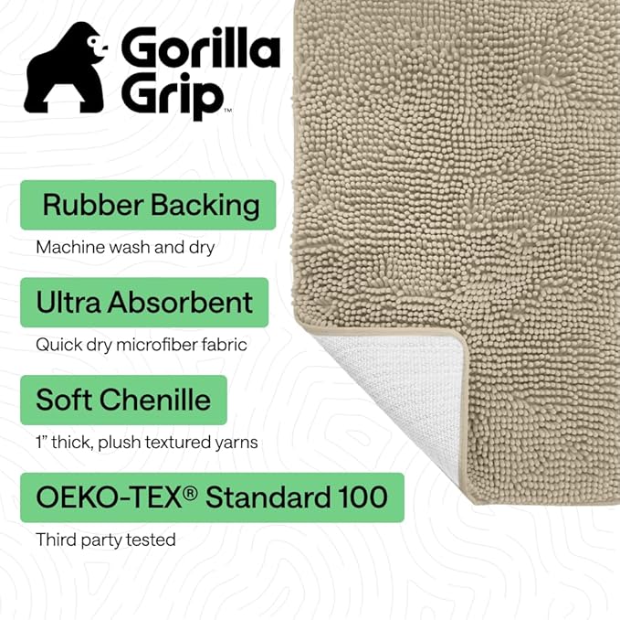 GORILLA GRIP Bath Rug Mat, Thick Soft Absorbent Chenille, Quick Dry Microfiber Mats, Rubber Backing Washable Shower Floor Rugs, US Designed Bathroom Bathmat Home Decor Accessories, 24x17, Sand