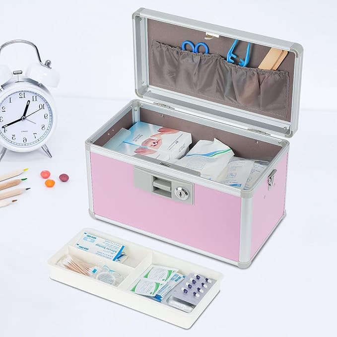 xydstay Medicine Lock Box,First Aid Safe Medication Storage Box,Layered Aluminum Daily Medicine Cabinet Family Use,12.2" x 7.9" x 7.5", Pink
