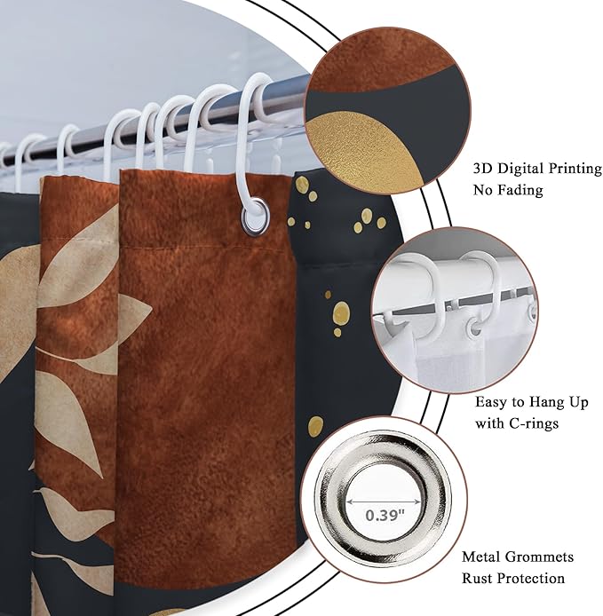 Riyidecor Mid Century Boho 4Pcs Bathroom Shower Curtain Sets Abstract Aesthetic Sun Modern Bathroom Decor Set with Rugs and Accessories Minimalist Toilet Lid Rug, Contour and Bath Mat with 12 Hooks