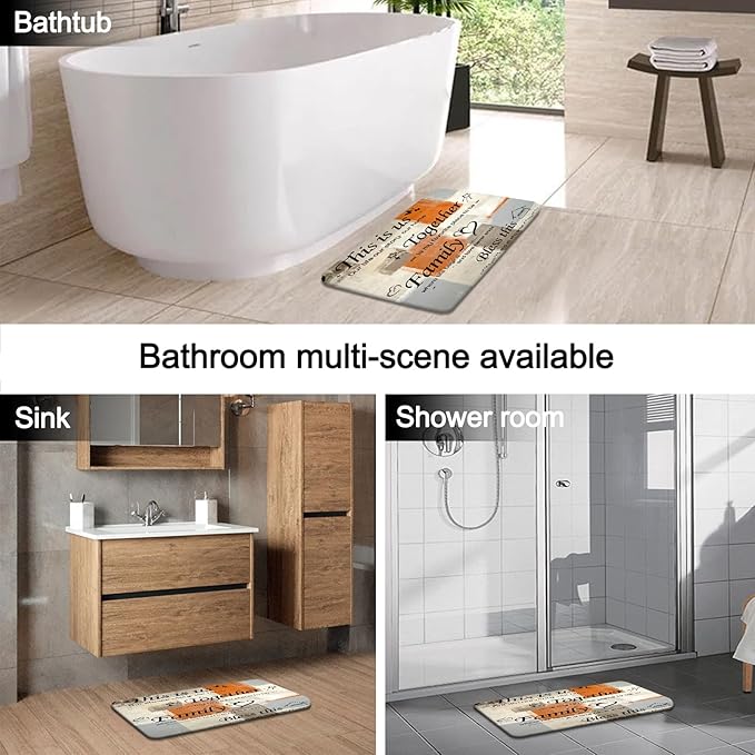 Lnond 4Pcs Bathroom Shower Curtain Sets with Rugs, Orange Brown Motivational Home Family Bathroom Sets with Shower Curtain and Rugs and Accessories