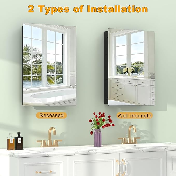 15"x20" Black Medicine Cabinet Mirror, Recessed & Surface Mount Medicine Cabinets for Bathroom, Tempered Glass Mirror + Full Metal Storage Cabinet, 2 Stable and Removable Shelves, Left or Right Open