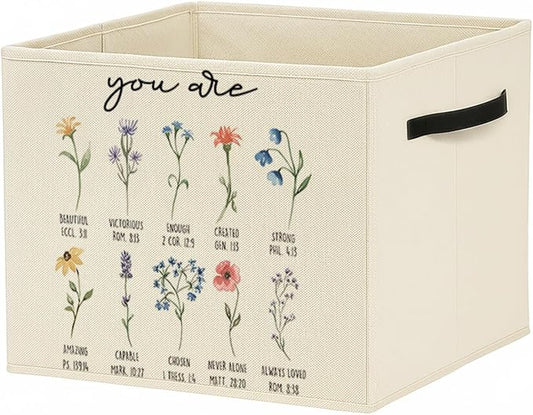 Christian Floral Storage Bin Box with Handles, Inspirational You Are Bible Verse Religious Foldable Baskets Organizer for Bedroom Bathroom Home Clothes Toys Books, Toybox for Girls