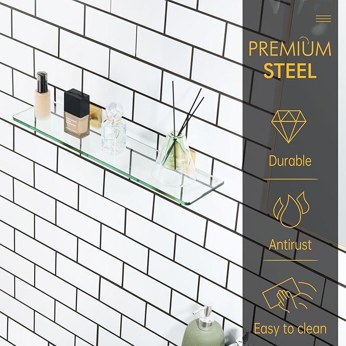KOKOSIRI Wall Shelves 20-Inch Floating Tempered Glass Shelf Bathroom Hardware Kitchen Hanging Rack Shower Storage, Brushed Gold Stainless Steel B1107BG-L20