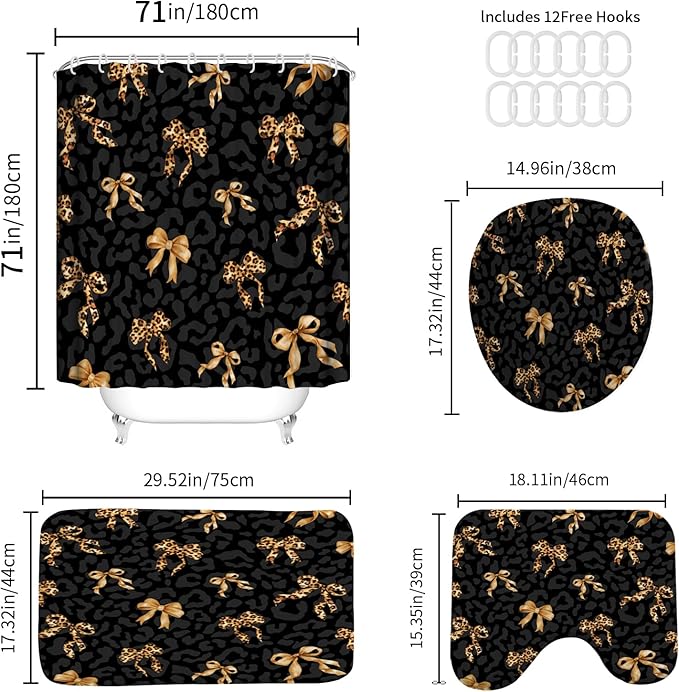Onalasyc 4Pcs Black Brown Leopard Bow Print Shower Curtain Sets with Rugs, Sexy Modern Black Brown Leopard Bow Waterproof Bathroom Shower Curtain Decor Set with 12 Pcs Hooks,71 x 71in