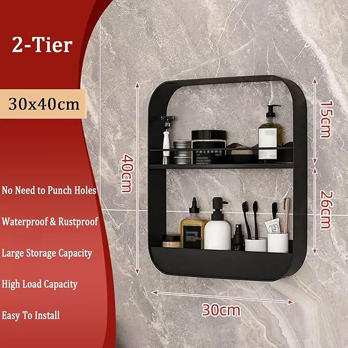 Wall Mount Organizer Floating Bathroom Shelves No Drill Adhesive Makeup Storage Rack Hang Decorative Over The Toilet Shelf(Black,30x40cm)
