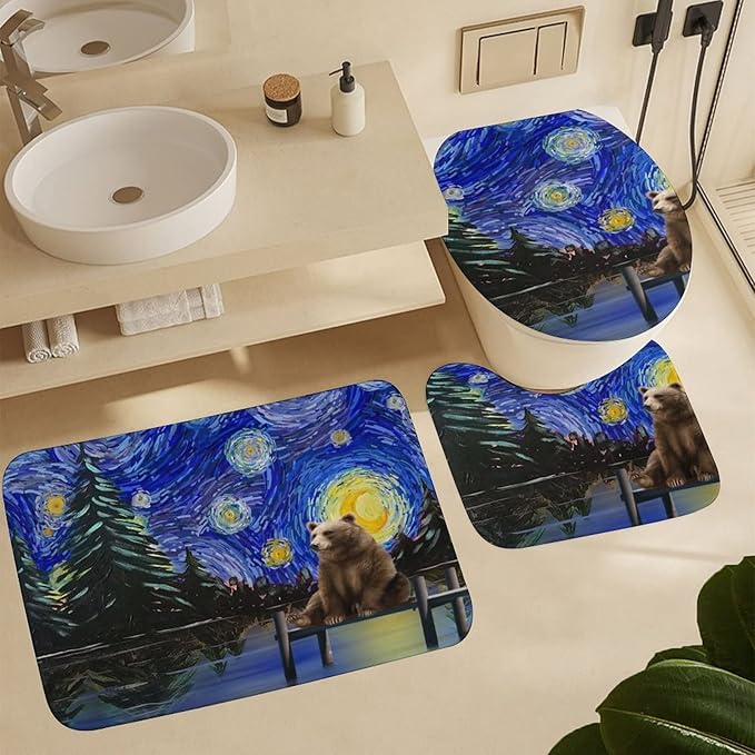 Funny Forest Animal Bear Shower Curtain Sets with Rugs 4 Piece Accessories Bathroom Curtains Shower Set Include Shower Curtain Non-Slip Rug Toilet Lid Cover Bath Mat One Size